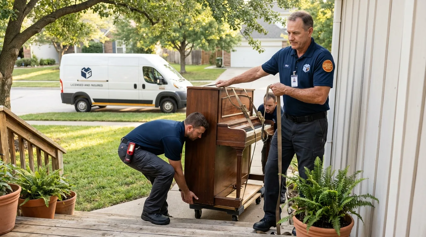 Licensed piano movers securing grand piano in Absecon, NJ