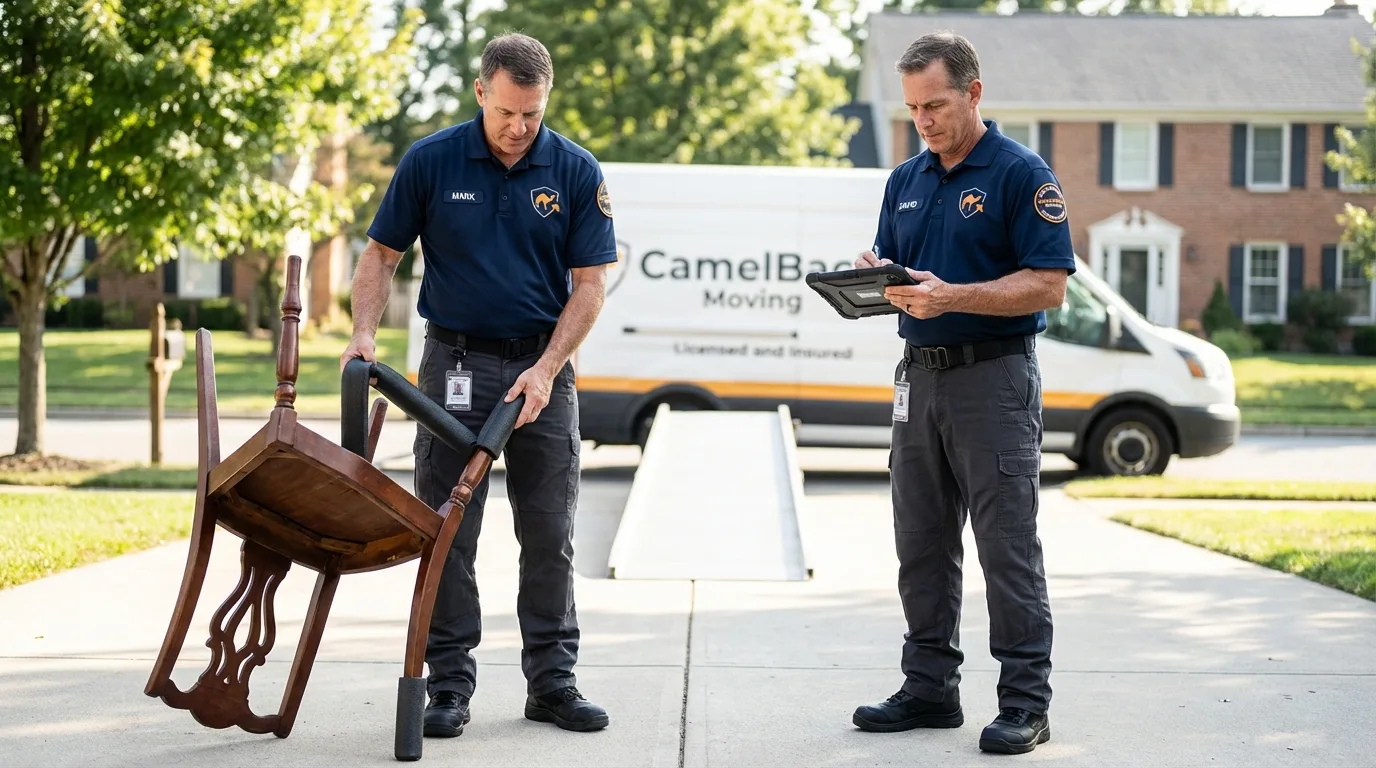 Movers inspecting furniture for damage prevention before loading in Absecon, NJ