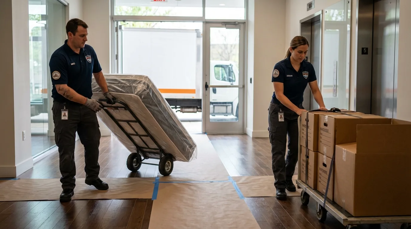 Professional apartment movers loading elevator in Absecon, NJ
