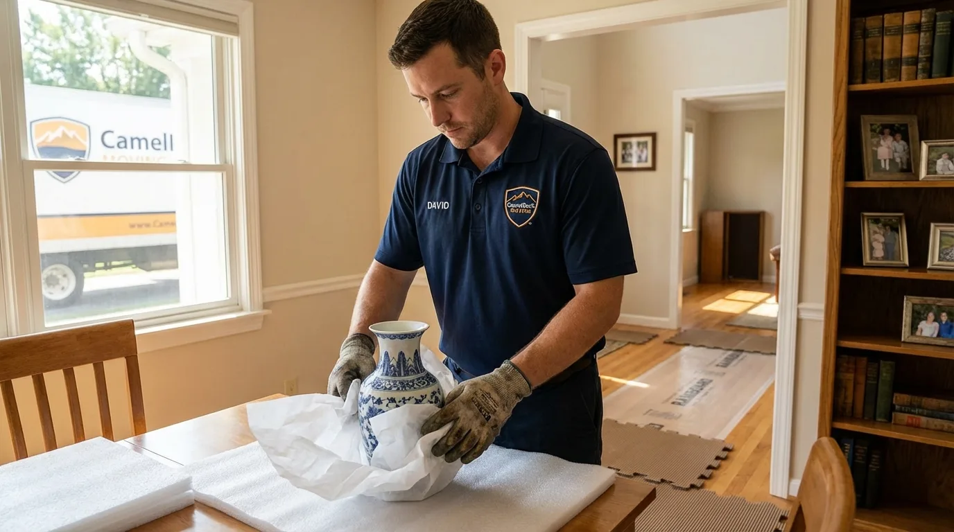 Professional crew carefully wrapping antique vase for senior downsizing move in Absecon, NJ